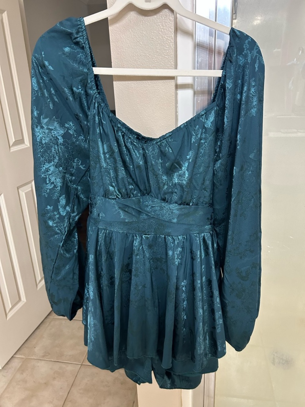 Altar'd State Teal Jacquard Long Sleeve Mini Romper